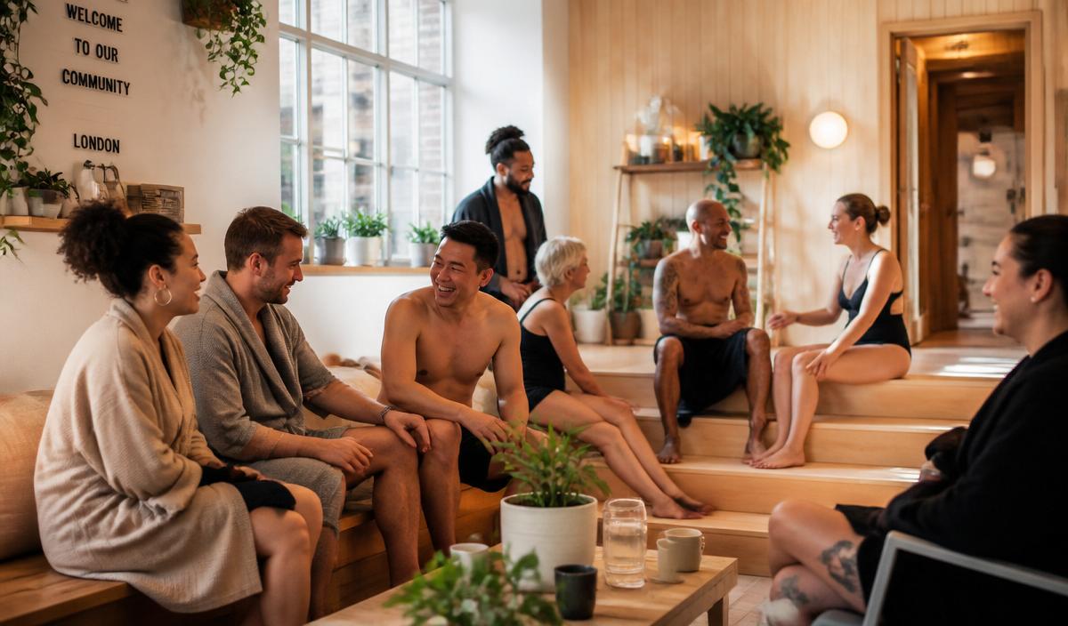 A diverse group relaxing in a bright community sauna lounge