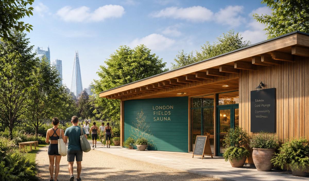 A modern community sauna building in a London park