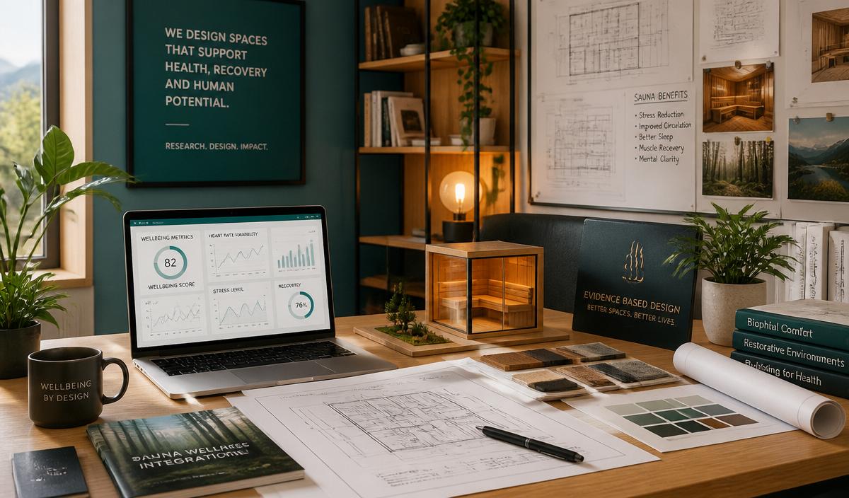 Research desk with health data charts and sauna architectural plans