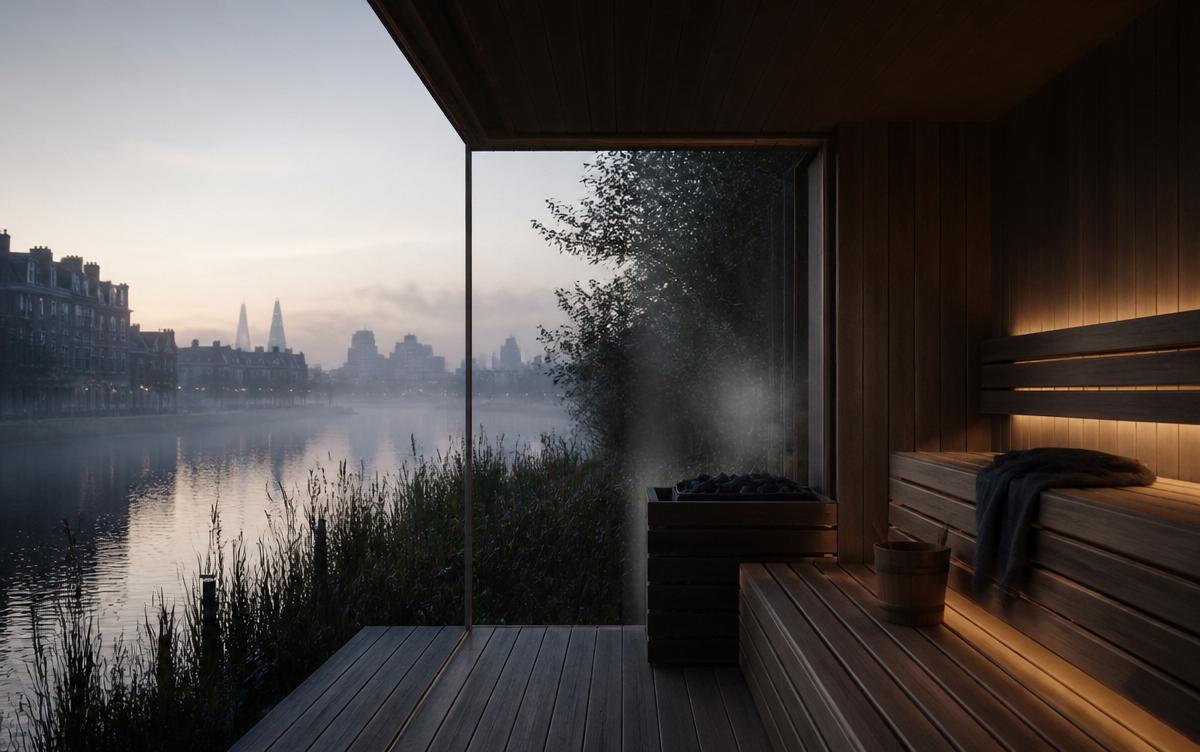 A timber sauna overlooking a calm London canal at dawn