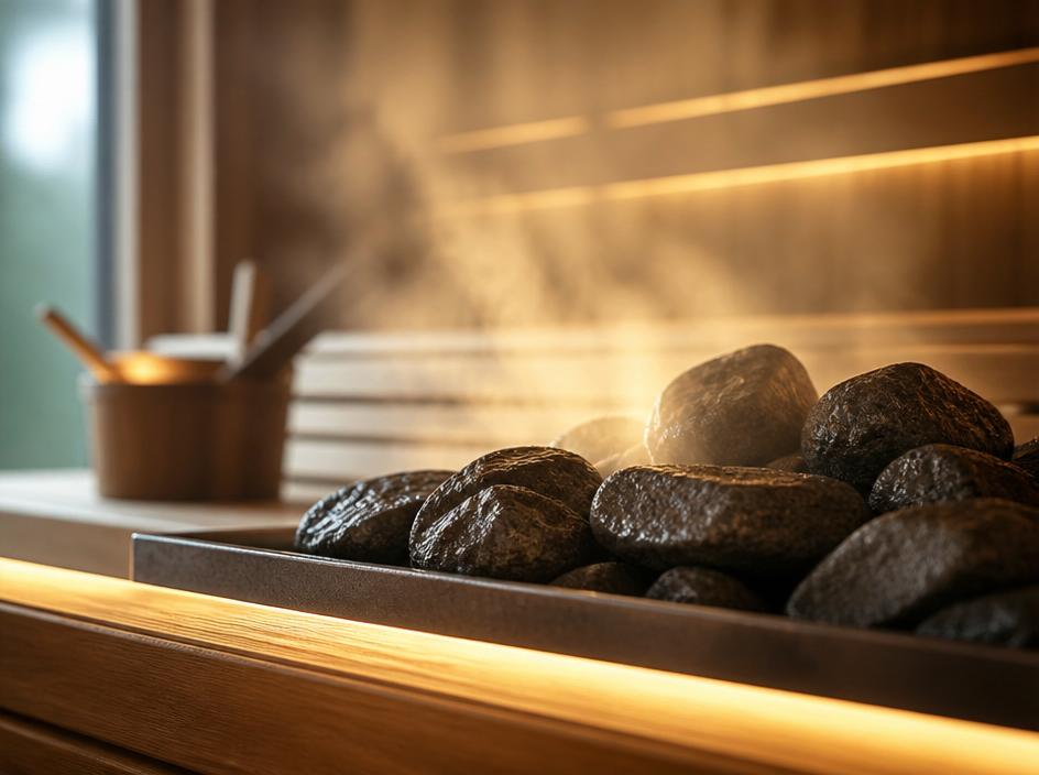 Steam rising from hot stones in a cedar sauna